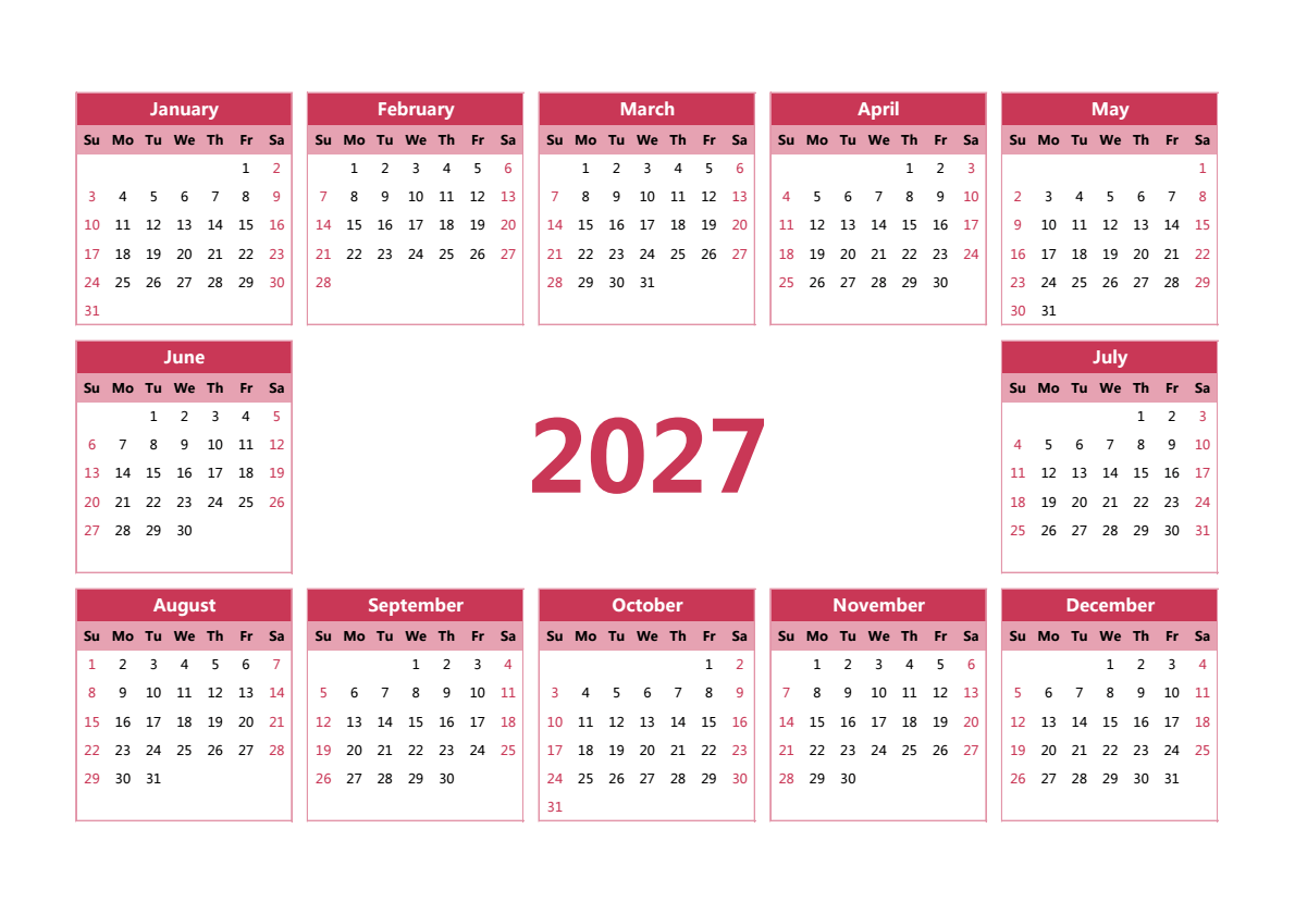 2027年日历 A3横向 英文版 无农历 无周数 周日开始